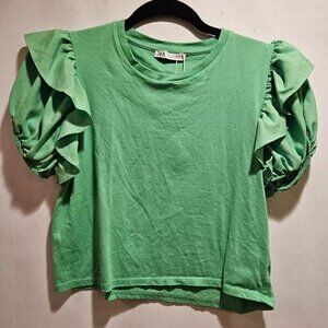 Zara Emerald Green Ruffle Puff Sleeves Top Stretch Blouse Women's Small